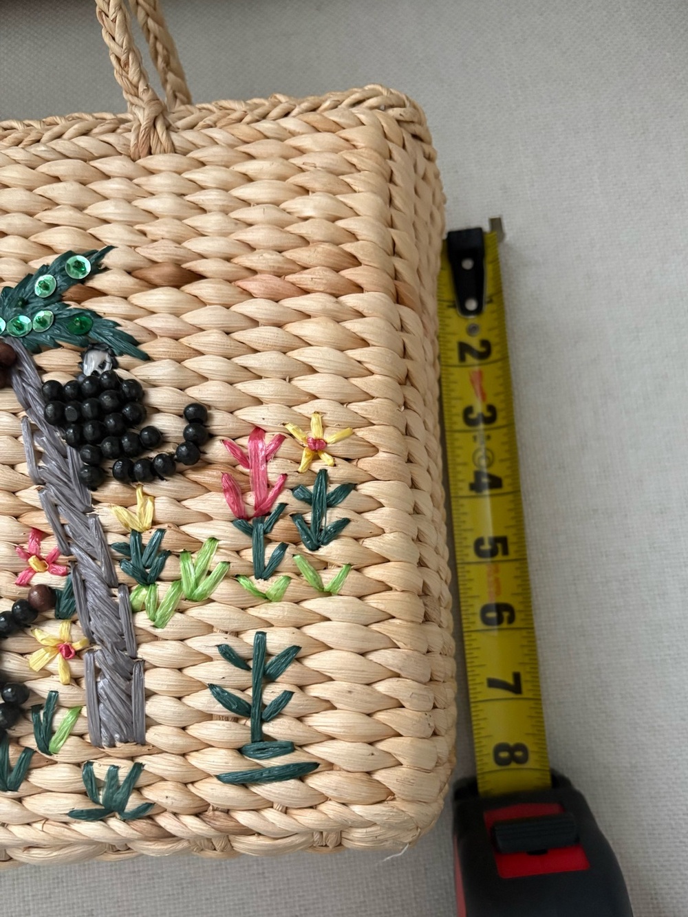 Artisan Straw Woven Tote Palm Tree Monkey Embellished Coastal Resort Handbag - Picture 4 of 8